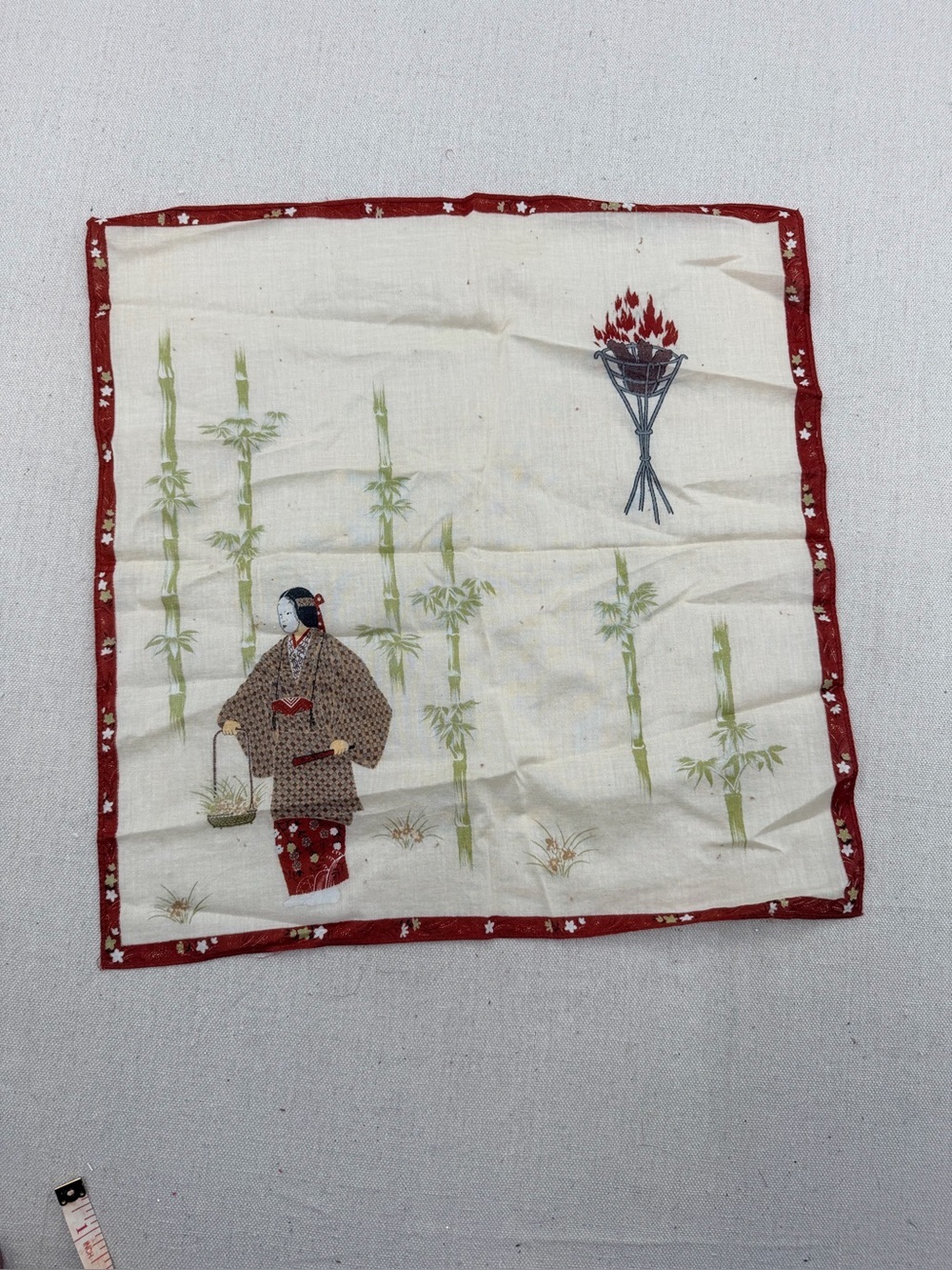 Vintage Very Rare Red Trim Kimono Scarf with Bamboo and Geisha Motif